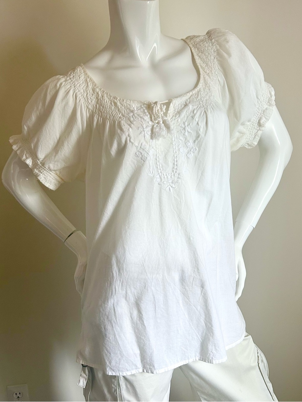 White Peasant Blouse with Embroidered Detail L
